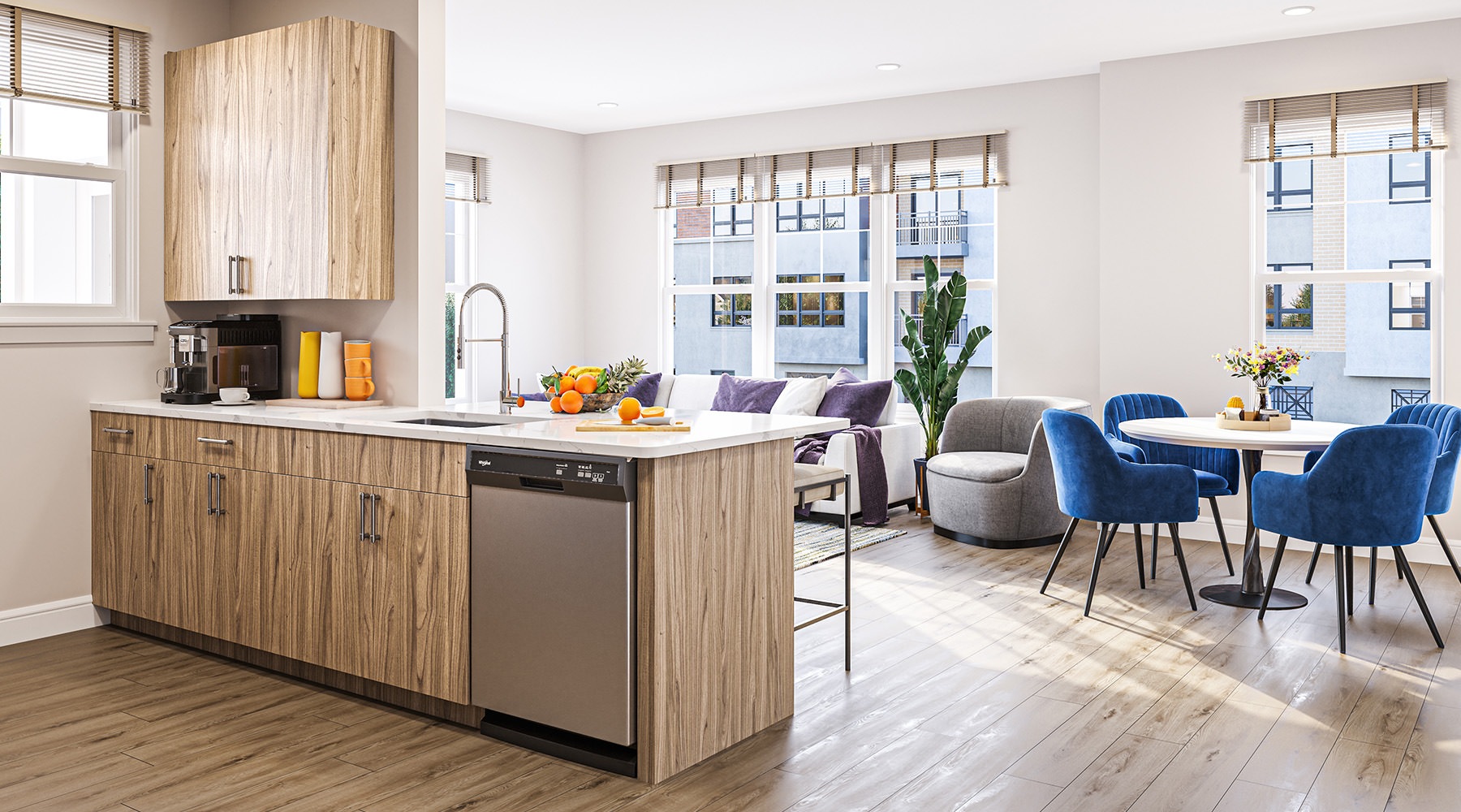 kitchen with large island and wood cabinets