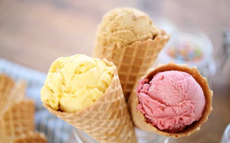 Ice cream cones with several flavors